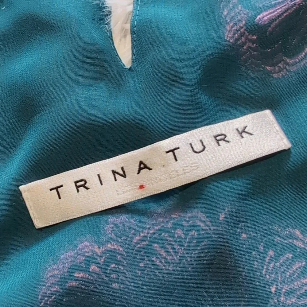 Trina Turk Teal & Pink Saloni Silk Puff Sleeve Top - Picture 10 of 12